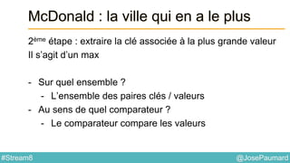 @JosePaumard#Stream8
McDonald : la ville qui en a le plus
2ème étape : extraire la clé associée à la plus grande valeur
Il s’agit d’un max
- Sur quel ensemble ?
- L’ensemble des paires clés / valeurs
- Au sens de quel comparateur ?
- Le comparateur compare les valeurs
 