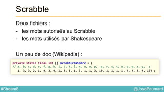 @JosePaumard#Stream8
Scrabble
Deux fichiers :
- les mots autorisés au Scrabble
- les mots utilisés par Shakespeare
Un peu de doc (Wikipedia) :
private static final int [] scrabbleENScore = {
// a, b, c, d, e, f, g, h, i, j, k, l, m, n, o, p, q, r, s, t, u, v, w, x, y, z
1, 3, 3, 2, 1, 4, 2, 4, 1, 8, 5, 1, 3, 1, 1, 3, 10, 1, 1, 1, 1, 4, 4, 8, 4, 10} ;
 