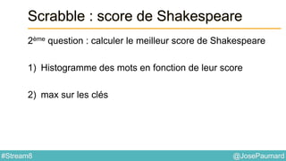 @JosePaumard#Stream8
Scrabble : score de Shakespeare
2ème question : calculer le meilleur score de Shakespeare
1) Histogramme des mots en fonction de leur score
2) max sur les clés
 