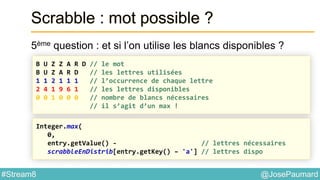 @JosePaumard#Stream8
Scrabble : mot possible ?
5ème question : et si l’on utilise les blancs disponibles ?
B U Z Z A R D // le mot
B U Z A R D // les lettres utilisées
1 1 2 1 1 1 // l’occurrence de chaque lettre
2 4 1 9 6 1 // les lettres disponibles
0 0 1 0 0 0 // nombre de blancs nécessaires
// il s’agit d’un max !
Integer.max(
0,
entry.getValue() - // lettres nécessaires
scrabbleEnDistrib[entry.getKey() – 'a'] // lettres dispo
 