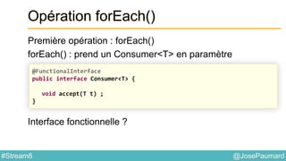 @JosePaumard#Stream8
Opération forEach()
Première opération : forEach()
forEach() : prend un Consumer<T> en paramètre
Interface fonctionnelle ?
@FunctionalInterface
public interface Consumer<T> {
void accept(T t) ;
}
 