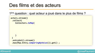 @JosePaumard#Stream8
Des films et des acteurs
1ère question : quel acteur a joué dans le plus de films ?
actors.stream()
.collect(
Collectors.toMap(
)
)
.entrySet().stream()
.max(Map.Entry.comparingByValue()).get() ;
 