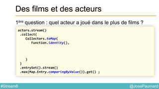 @JosePaumard#Stream8
Des films et des acteurs
1ère question : quel acteur a joué dans le plus de films ?
actors.stream()
.collect(
Collectors.toMap(
Function.identity(),
)
)
.entrySet().stream()
.max(Map.Entry.comparingByValue()).get() ;
 