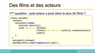 @JosePaumard#Stream8
Des films et des acteurs
1ère question : quel acteur a joué dans le plus de films ?
actors.stream()
.collect(
Collectors.toMap(
Function.identity(),
actor -> movies.stream()
.filter(movie -> movie.actors().contains(actor))
.count()
)
)
.entrySet().stream()
.max(Map.Entry.comparingByValue()).get() ;
 
