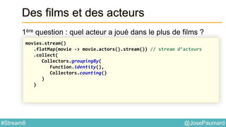 @JosePaumard#Stream8
Des films et des acteurs
1ère question : quel acteur a joué dans le plus de films ?
movies.stream()
.flatMap(movie -> movie.actors().stream()) // stream d’acteurs
.collect(
Collectors.groupingBy(
Function.identity(),
Collectors.counting()
)
)
 