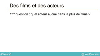 @JosePaumard#Stream8
Des films et des acteurs
1ère question : quel acteur a joué dans le plus de films ?
 
