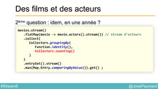 @JosePaumard#Stream8
Des films et des acteurs
2ème question : idem, en une année ?
movies.stream()
.flatMap(movie -> movie.actors().stream()) // stream d’acteurs
.collect(
Collectors.groupingBy(
Function.identity(),
Collectors.counting()
)
)
.entrySet().stream()
.max(Map.Entry.comparingByValue()).get() ;
 