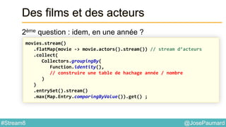 @JosePaumard#Stream8
Des films et des acteurs
2ème question : idem, en une année ?
movies.stream()
.flatMap(movie -> movie.actors().stream()) // stream d’acteurs
.collect(
Collectors.groupingBy(
Function.identity(),
// construire une table de hachage année / nombre
)
)
.entrySet().stream()
.max(Map.Entry.comparingByValue()).get() ;
 