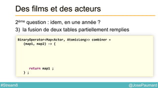 @JosePaumard#Stream8
Des films et des acteurs
2ème question : idem, en une année ?
3) la fusion de deux tables partiellement remplies
BinaryOperator<Map<Actor, AtomicLong>> combiner =
(map1, map2) -> {
return map1 ;
} ;
 