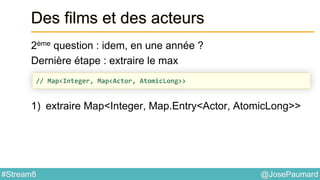 @JosePaumard#Stream8
Des films et des acteurs
2ème question : idem, en une année ?
Dernière étape : extraire le max
1) extraire Map<Integer, Map.Entry<Actor, AtomicLong>>
// Map<Integer, Map<Actor, AtomicLong>>
 