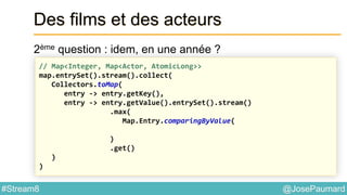 @JosePaumard#Stream8
Des films et des acteurs
2ème question : idem, en une année ?
// Map<Integer, Map<Actor, AtomicLong>>
map.entrySet().stream().collect(
Collectors.toMap(
entry -> entry.getKey(),
entry -> entry.getValue().entrySet().stream()
.max(
Map.Entry.comparingByValue(
)
.get()
)
)
 