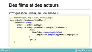 @JosePaumard#Stream8
Des films et des acteurs
2ème question : idem, en une année ?
// Map<Integer, Map<Actor, AtomicLong>>
map.entrySet().stream().collect(
Collectors.toMap(
entry -> entry.getKey(),
entry -> entry.getValue().entrySet().stream()
.max(
Map.Entry.comparingByValue(
Comparator.comparing(AtomicLong::get))
)
.get()
)
)
 