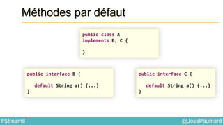@JosePaumard#Stream8
Méthodes par défaut
public class A
implements B, C {
}
public interface C {
default String a() {...}
}
public interface B {
default String a() {...}
}
 