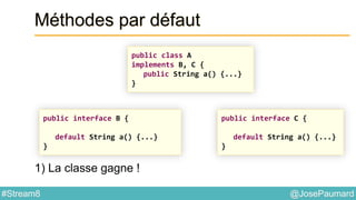 @JosePaumard#Stream8
Méthodes par défaut
1) La classe gagne !
public class A
implements B, C {
public String a() {...}
}
public interface C {
default String a() {...}
}
public interface B {
default String a() {...}
}
 