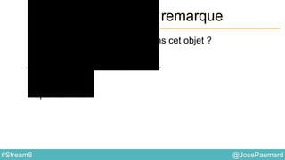 @JosePaumard#Stream8
Interface Predicate : remarque
Question : qu’est-ce que j’ai dans cet objet ?
Réponse : mes données filtrées
Réponse : rien !
 