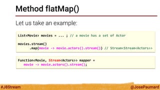 @JosePaumard 
#J8Stream 
What do we have so far? 
We have 3 types of methods: 
-forEach(): consumes 
-peek(): consumes, an...