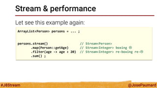 @JosePaumard 
#J8Stream 
Stream & performance 
Let see this example again 
ArrayList<Person> persons = ... ; 
persons.stre...