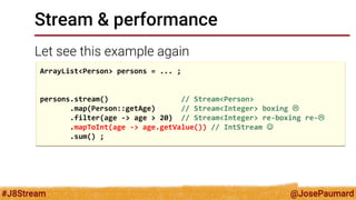 @JosePaumard 
#J8Stream 
Stream & performance 
Let see this example again 
ArrayList<Person> persons = ... ; 
??? = 
perso...