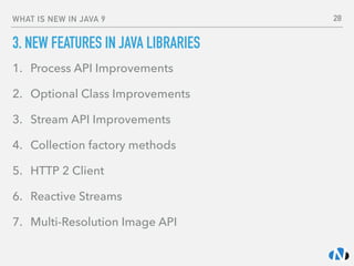 WHAT IS NEW IN JAVA 9
3. NEW FEATURES IN JAVA LIBRARIES
1. Process API Improvements
2. Optional Class Improvements
3. Stream API Improvements
4. Collection factory methods
5. HTTP 2 Client
6. Reactive Streams
7. Multi-Resolution Image API
28
 
