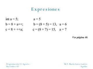 Expresiones  int a = 5; a = 5 b = 8  + a++; b = (8 + 5) = 13,  a = 6 c = 8  + ++a;  c = (8 + 7) = 15,  a = 7 Ver p ágina 46 