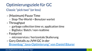 › (Maximum) Pause Time
› Stop-The-World = Benutzer wartet
› Throughput
› garbage collection time vs. application time
› BigData / Batch / non-realtime
› Footprint
› microservices / horizontale Skalierung
› Gory Details zu JVM GC in der
Brownbag “Java-Optimierung” von Daniel Bäurer
14Java Applikationen und die JVM für “Ops”
Optimierungsziele für GC
Classic “pick two” (or less)
 