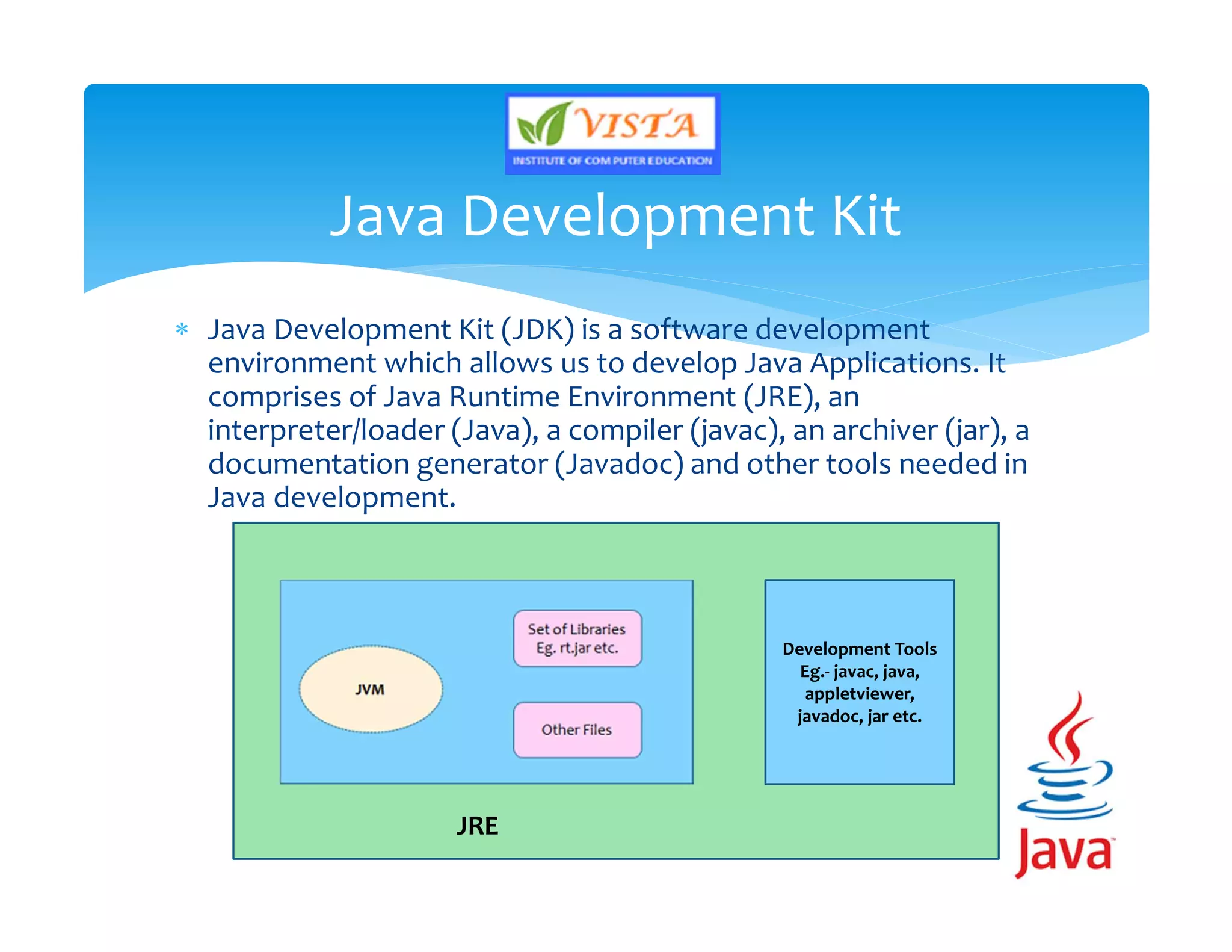  Java Development Kit (JDK) is a software development
environment which allows us to develop Java Applications. It
comprises of Java Runtime Environment (JRE), an
interpreter/loader (Java), a compiler (javac), an archiver (jar), a
documentation generator (Javadoc) and other tools needed in
Java development.
Java Development Kit
Development Tools
Eg.- javac, java,
appletviewer,
javadoc, jar etc.
JRE
 