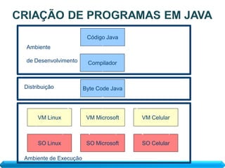 Código Java
Ambiente

de Desenvolvimento      Compilador



Distribuição           Byte Code Java




     VM Linux           VM Microsoft    VM Celular



     SO Linux           SO Microsoft    SO Celular

Ambiente de Execução
 