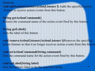 Methods
void addActionListener(ActionListener l) Adds the specified action
listener to receive action events from this button.
String getActionCommand()
Returns the command name of the action event fired by this button.
String getLabel()
Gets the label of this button
void removeActionListener(ActionListener l)Removes the specified
action listener so that it no longer receives action events from this button
void setActionCommand(String command)
Sets the command name for the action event fired by this button.
void setLabel(String label)
Sets the button's label to be the specified string 14
 