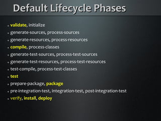 Default Lifecycle Phases
    validate, initialize



    generate-sources, process-sources



    generate-resources, process-resources



    compile, process-classes



    generate-test-sources, process-test-sources



    generate-test-resources, process-test-resources



    test-compile, process-test-classes



    test



    prepare-package, package



    pre-integration-test, integration-test, post-integration-test



    verify, install, deploy

 