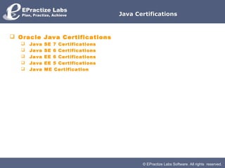 Java Certifications



 Oracle Java Certifications
      Java   SE 7 Certifications
      Java   SE 6 Certifications
      Java   EE 6 Certifications
      Java   EE 5 Certifications
      Java   ME Certification




                                           © EPractize Labs Software. All rights reserved.
 