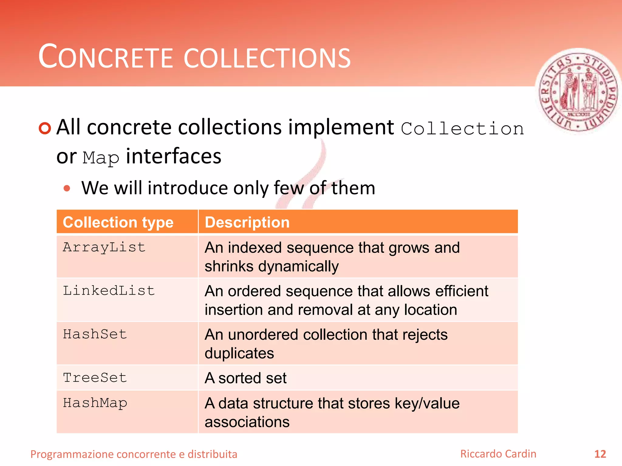 Programmazione concorrente e distribuita
CONCRETE COLLECTIONS
 All concrete collections implement Collection
or Map interfaces
 We will introduce only few of them
12Riccardo Cardin
Collection type Description
ArrayList An indexed sequence that grows and
shrinks dynamically
LinkedList An ordered sequence that allows efficient
insertion and removal at any location
HashSet An unordered collection that rejects
duplicates
TreeSet A sorted set
HashMap A data structure that stores key/value
associations
 