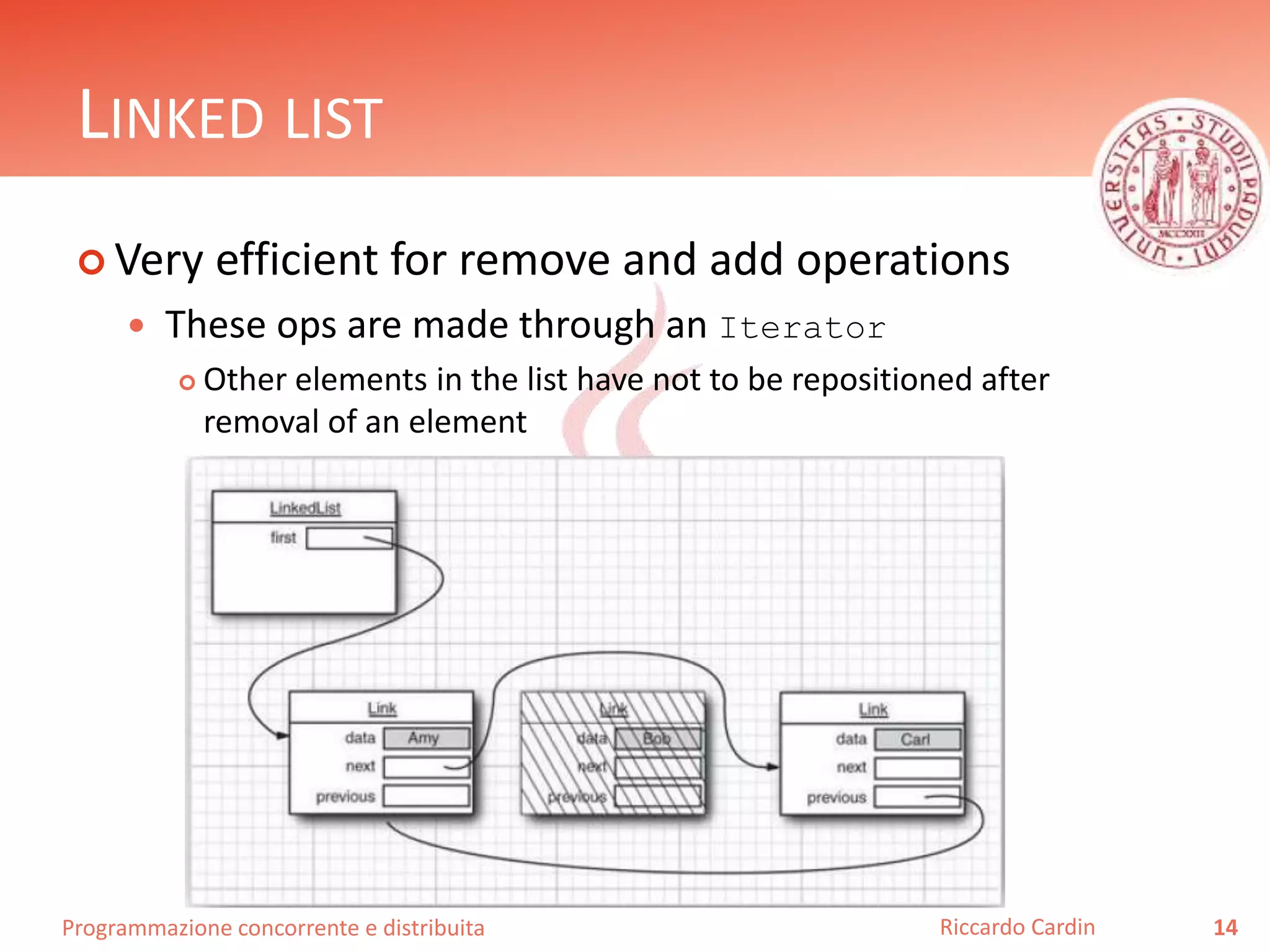 Programmazione concorrente e distribuita
LINKED LIST
 Very efficient for remove and add operations
 These ops are made through an Iterator
 Other elements in the list have not to be repositioned after
removal of an element
14Riccardo Cardin
 
