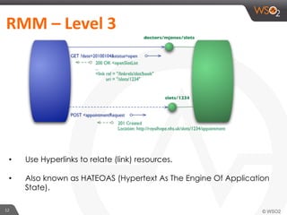 12	
  
RMM	
  –	
  Level	
  3	
  	
  
•  Use Hyperlinks to relate (link) resources.
•  Also known as HATEOAS (Hypertext As The Engine Of Application
State).
 