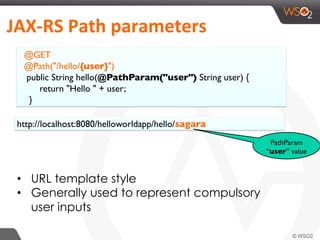 JAX-­‐RS	
  Path	
  parameters	
  
@GET
@Path("/hello/{user}")
public String hello(@PathParam("user") String user) {
return "Hello " + user;
}
http://localhost:8080/helloworldapp/hello/sagara
PathParam
“user” value
•  URL template style
•  Generally used to represent compulsory
user inputs
 
