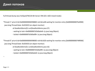 Дамп потоков


Full thread dump Java HotSpot(TM) 64-Bit Server VM (20.1-b02 mixed mode):


"Thread-1" prio=6 tid=0x0000000006998800 nid=0x1a48 waiting for monitor entry [0x00000000076af000]
 java.lang.Thread.State: BLOCKED (on object monitor)
            at DeadlockDemo$2.run(DeadlockDemo.java:27)
            - waiting to lock <0x00000007d5d0a6e8> (a java.lang.Object)
            - locked <0x00000007d5d0a6f8> (a java.lang.Object)


"Thread-0" prio=6 tid=0x0000000006998000 nid=0x1620 waiting for monitor entry [0x000000000748f000]
 java.lang.Thread.State: BLOCKED (on object monitor)
            at DeadlockDemo$1.run(DeadlockDemo.java:16)
            - waiting to lock <0x00000007d5d0a6f8> (a java.lang.Object)
            - locked <0x00000007d5d0a6e8> (a java.lang.Object)
…




Page  11
 