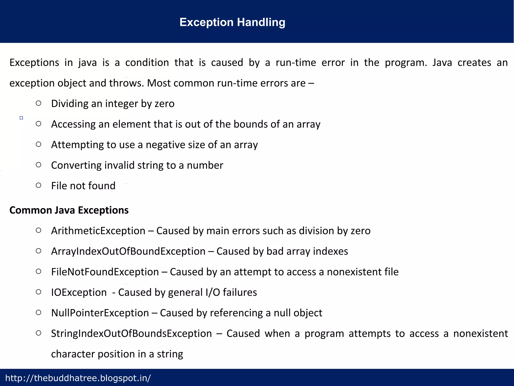 Exception Handling
http://thebuddhatree.blogspot.in/
Exceptions in java is a condition that is caused by a run-time error in the program. Java creates an
exception object and throws. Most common run-time errors are –
o Dividing an integer by zero
o Accessing an element that is out of the bounds of an array
o Attempting to use a negative size of an array
o Converting invalid string to a number
o File not found
Common Java Exceptions
o ArithmeticException – Caused by main errors such as division by zero
o ArrayIndexOutOfBoundException – Caused by bad array indexes
o FileNotFoundException – Caused by an attempt to access a nonexistent file
o IOException - Caused by general I/O failures
o NullPointerException – Caused by referencing a null object
o StringIndexOutOfBoundsException – Caused when a program attempts to access a nonexistent
character position in a string
 