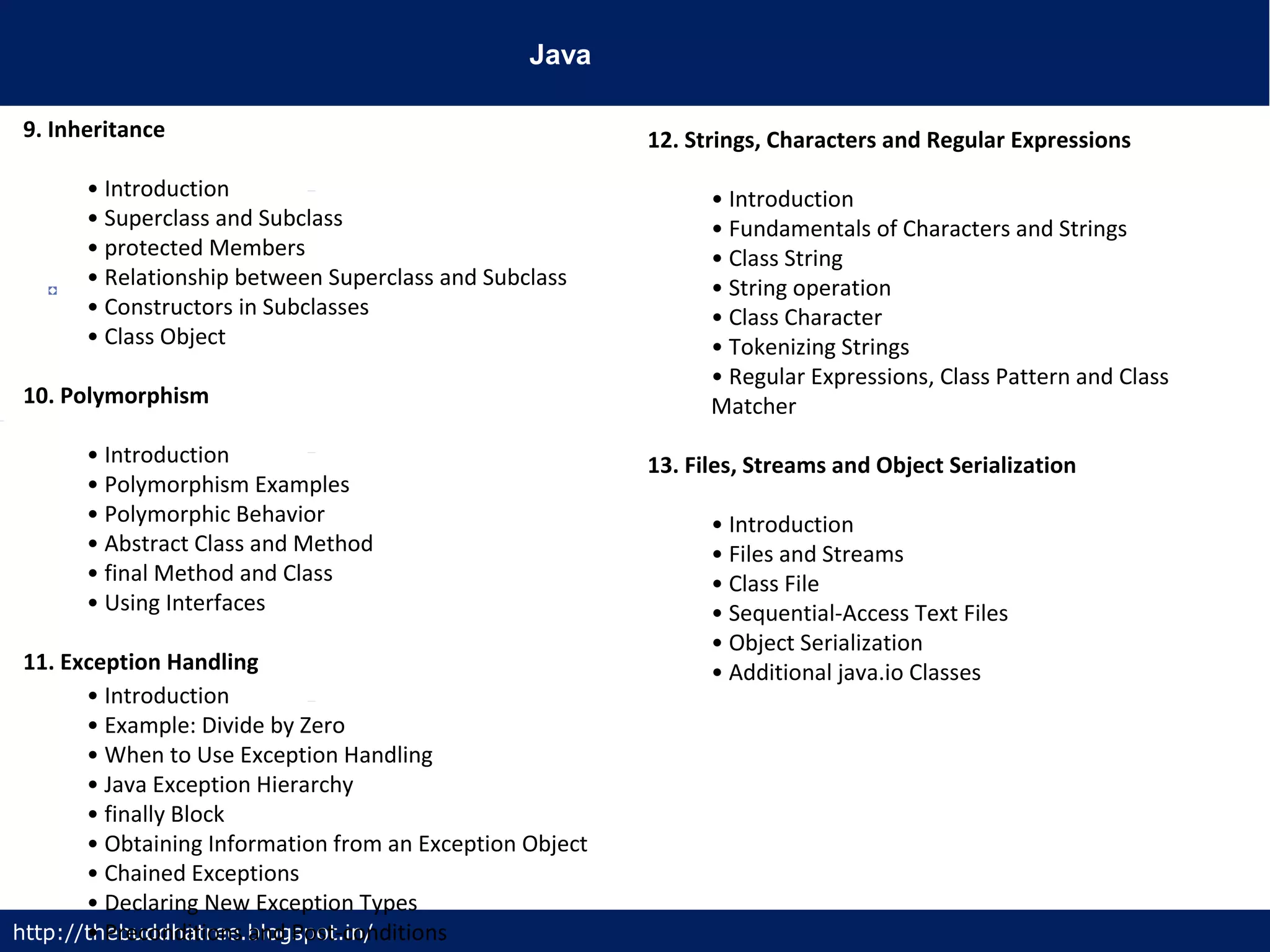 Java
http://thebuddhatree.blogspot.in/
9. Inheritance
• Introduction
• Superclass and Subclass
• protected Members
• Relationship between Superclass and Subclass
• Constructors in Subclasses
• Class Object
10. Polymorphism
• Introduction
• Polymorphism Examples
• Polymorphic Behavior
• Abstract Class and Method
• final Method and Class
• Using Interfaces
11. Exception Handling
• Introduction
• Example: Divide by Zero
• When to Use Exception Handling
• Java Exception Hierarchy
• finally Block
• Obtaining Information from an Exception Object
• Chained Exceptions
• Declaring New Exception Types
• Preconditions and Post-conditions
12. Strings, Characters and Regular Expressions
• Introduction
• Fundamentals of Characters and Strings
• Class String
• String operation
• Class Character
• Tokenizing Strings
• Regular Expressions, Class Pattern and Class
Matcher
13. Files, Streams and Object Serialization
• Introduction
• Files and Streams
• Class File
• Sequential-Access Text Files
• Object Serialization
• Additional java.io Classes
 
