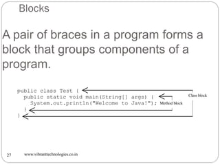 Blocks
www.vibranttechnologies.co.in27
A pair of braces in a program forms a
block that groups components of a
program.
public class Test {
public static void main(String[] args) {
System.out.println("Welcome to Java!");
}
}
Class block
Method block
 