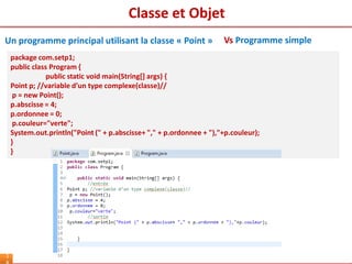 Classe et Objet
1
package com.setp1;
public class Program {
public static void main(String[] args) {
Point p; //variable d’un type complexe(classe)//
p = new Point();
p.abscisse = 4;
p.ordonnee = 0;
p.couleur="verte";
System.out.println("Point (" + p.abscisse+ "," + p.ordonnee + "),"+p.couleur);
}
}
Un programme principal utilisant la classe « Point » Vs Programme simple
 