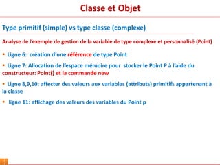2
Type primitif (simple) vs type classe (complexe)
Analyse de l’exemple de gestion de la variable de type complexe et personnalisé (Point)
 Ligne 6: création d’une référence de type Point
 Ligne 7: Allocation de l’espace mémoire pour stocker le Point P à l’aide du
constructeur: Point() et la commande new
 Ligne 8,9,10: affecter des valeurs aux variables (attributs) primitifs appartenant à
la classe
 ligne 11: affichage des valeurs des variables du Point p
Classe et Objet
 