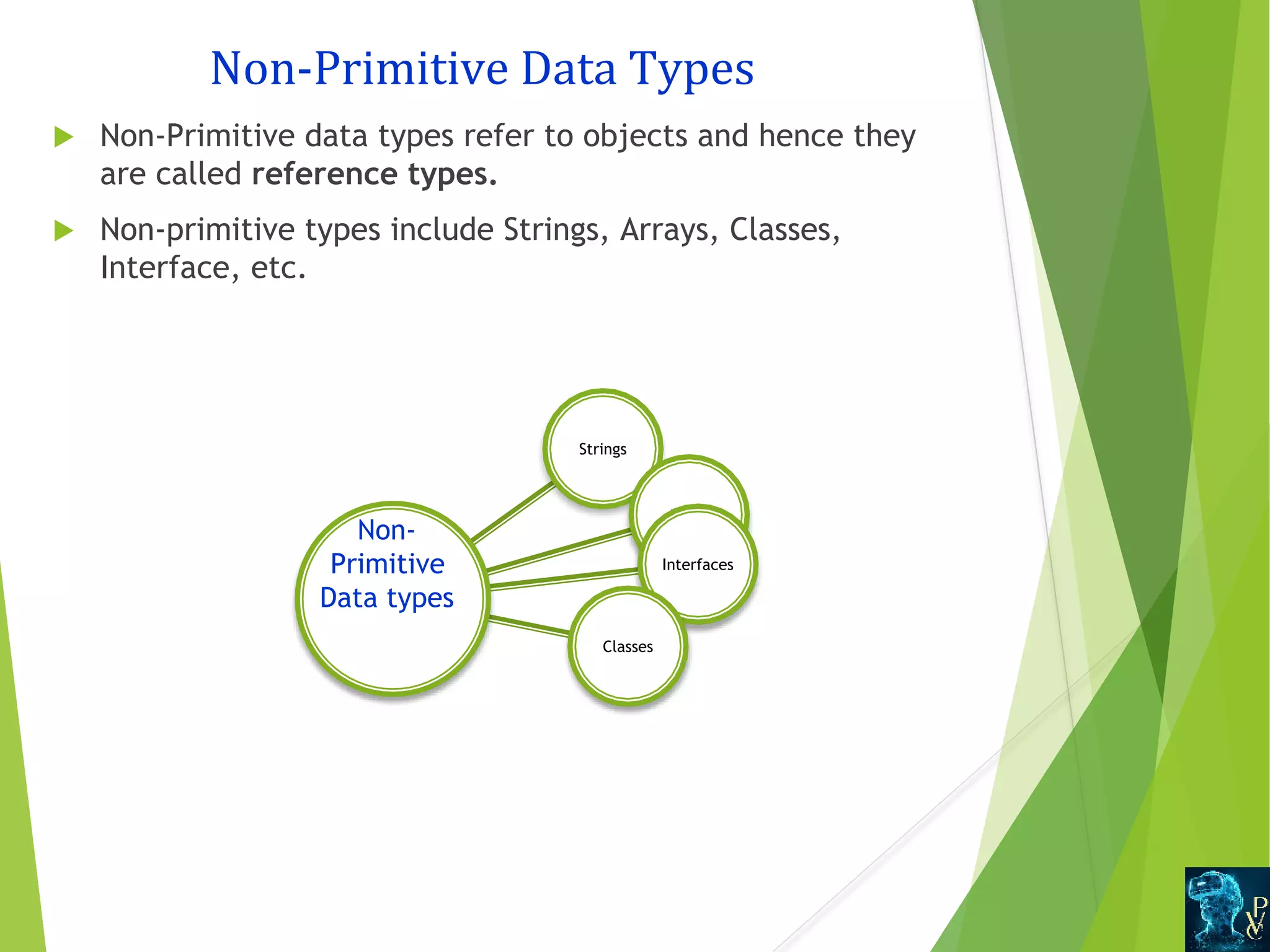 Non-Primitive Data Types  Non-Primitive data types refer to objects and hence they are called reference types.  Non-primitive types include Strings, Arrays, Classes, Interface, etc. Strings Arrays Interfaces Classes Non- Primitive Data types 