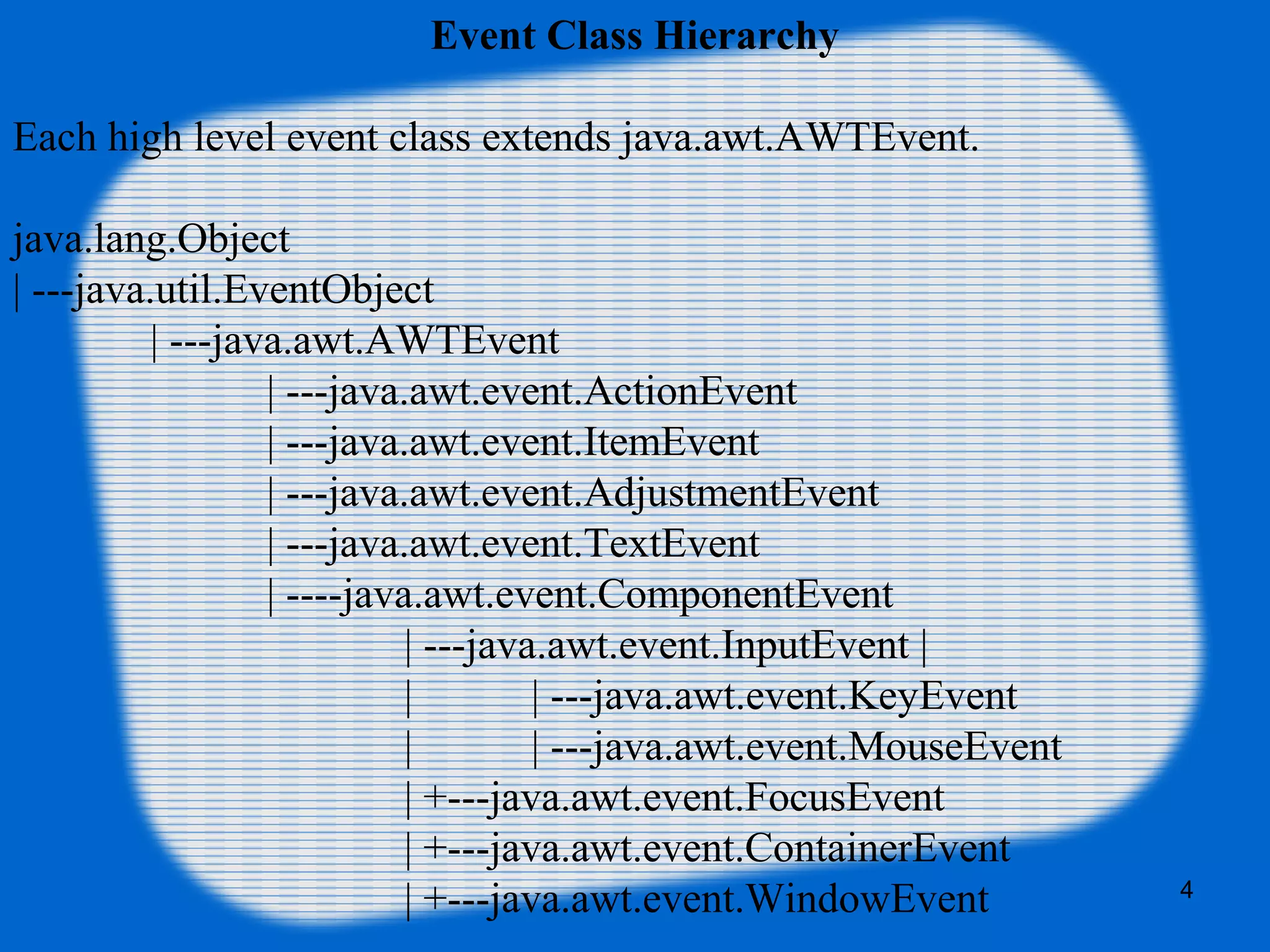 4 Event Class Hierarchy Each high level event class extends java.awt.AWTEvent. java.lang.Object | ---java.util.EventObject | ---java.awt.AWTEvent | ---java.awt.event.ActionEvent | ---java.awt.event.ItemEvent | ---java.awt.event.AdjustmentEvent | ---java.awt.event.TextEvent | ----java.awt.event.ComponentEvent | ---java.awt.event.InputEvent | | | ---java.awt.event.KeyEvent | | ---java.awt.event.MouseEvent | +---java.awt.event.FocusEvent | +---java.awt.event.ContainerEvent | +---java.awt.event.WindowEvent 