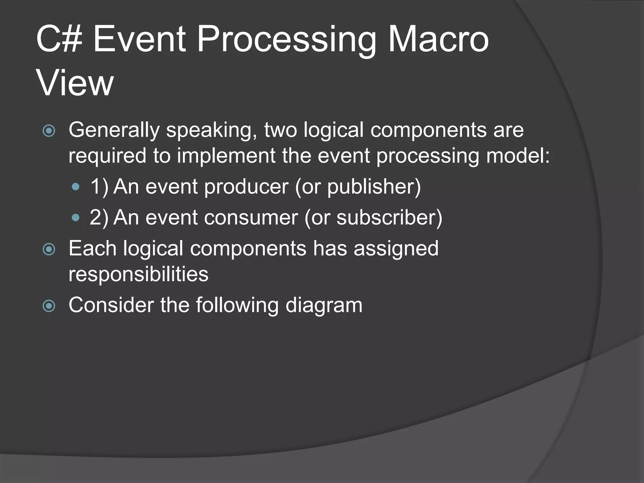 C# Event Processing Macro
View
   Generally speaking, two logical components are
    required to implement the event processing model:
     1) An event producer (or publisher)
     2) An event consumer (or subscriber)
   Each logical components has assigned
    responsibilities
   Consider the following diagram
 