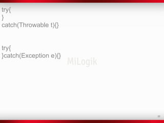 22
try{
}
catch(Throwable t){}
try{
}catch(Exception e){}
 