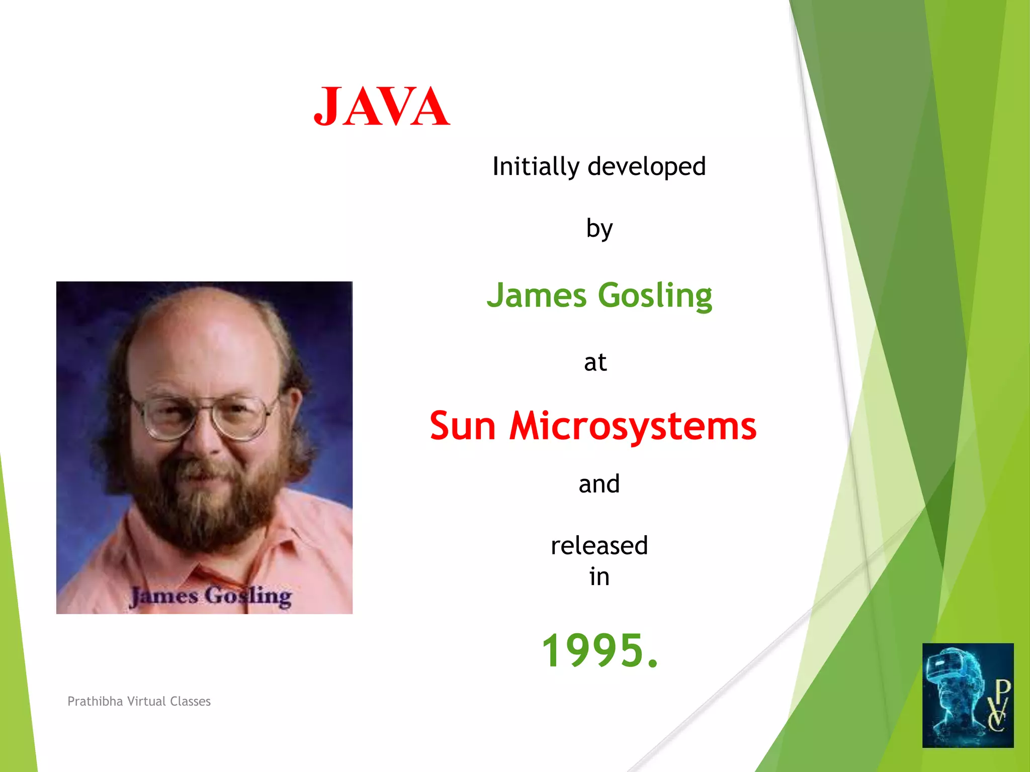 Initially developed
by
James Gosling
at
Sun Microsystems
and
released
in
1995.
JAVA
Prathibha Virtual Classes
 