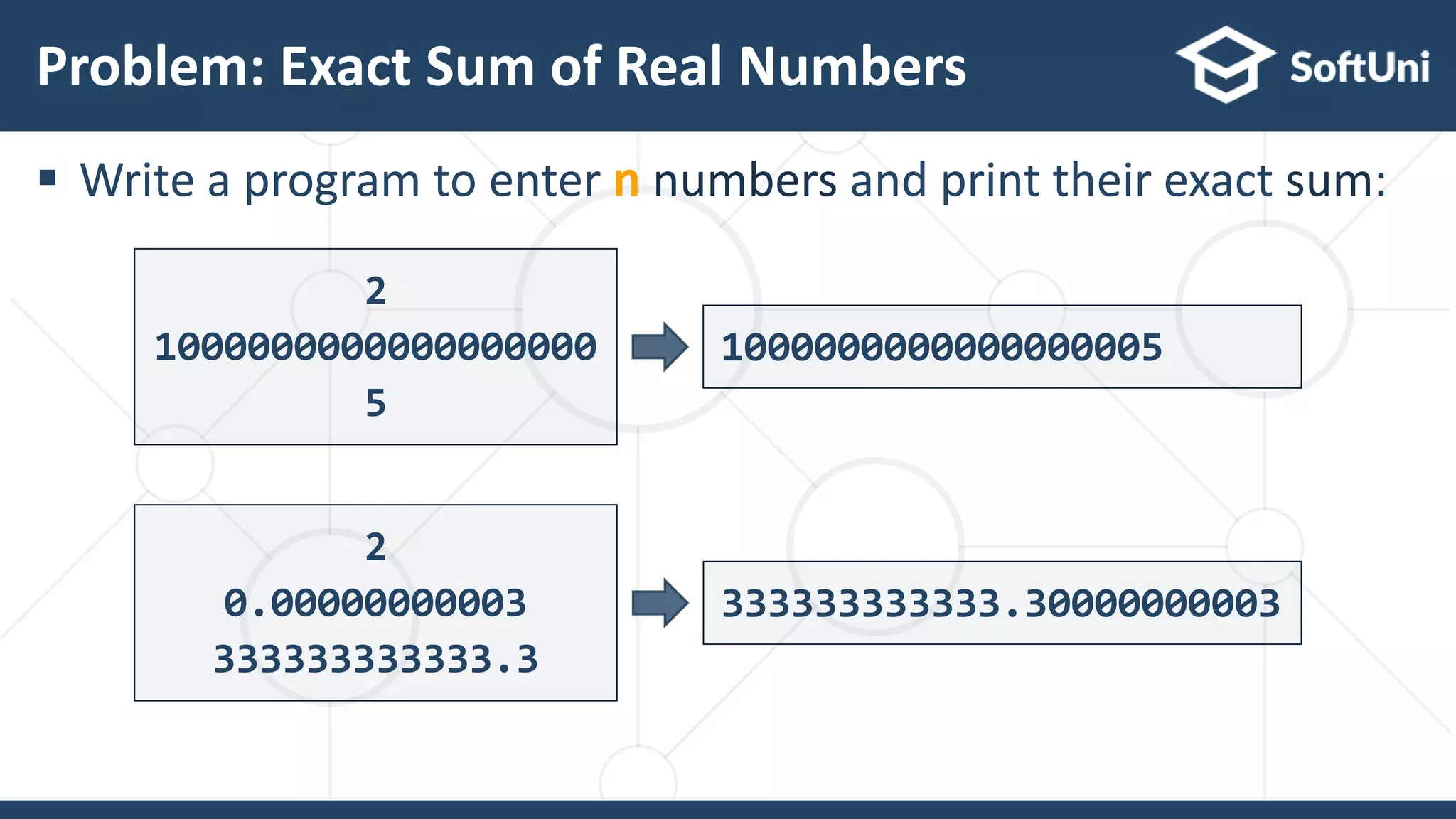  Write a program to enter n numbers and print their exact sum: Problem: Exact Sum of Real Numbers 32 2 1000000000000000000 5 1000000000000000005 2 0.00000000003 333333333333.3 333333333333.30000000003 