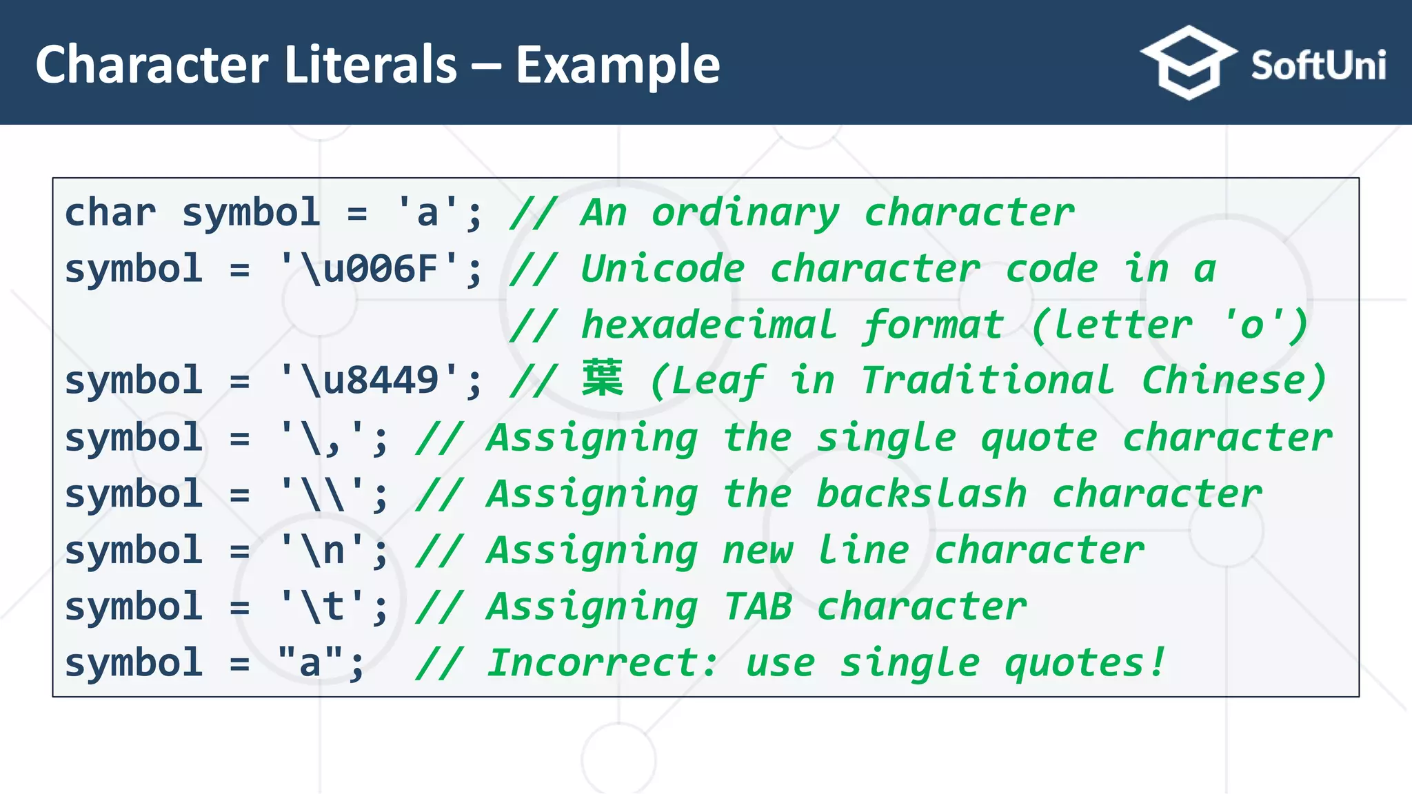 Character Literals – Example 4 9 char symbol = 'a'; // An ordinary character symbol = 'u006F'; // Unicode character code in a // hexadecimal format (letter 'o') symbol = 'u8449'; // 葉 (Leaf in Traditional Chinese) symbol = '‚'; // Assigning the single quote character symbol = ''; // Assigning the backslash character symbol = 'n'; // Assigning new line character symbol = 't'; // Assigning TAB character symbol = "a"; // Incorrect: use single quotes! 