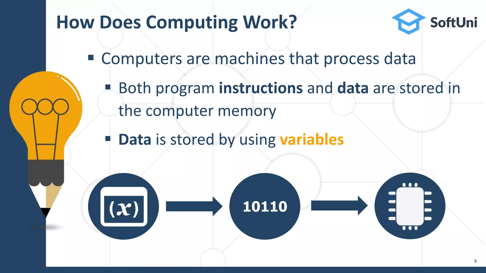  Computers are machines that process data  Both program instructions and data are stored in the computer memory  Data is stored by using variables How Does Computing Work? 9 10110 