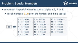  A number is special when its sum of digits is 5, 7 or 11
 For all numbers 1…n print the number and if it is special
Pro...