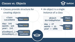 Classes vs. Objects
 Classes provide structure for
creating objects
 An object is a single
instance of a class
12
class
LocalDate
day: int
month: int
year: int
plusDays(…)
minusDays(…)
Class actions
(methods)
Class name
Class fields
object
birthdayPeter
day = 27
month = 11
year = 1996
Object
name
Object
data
 